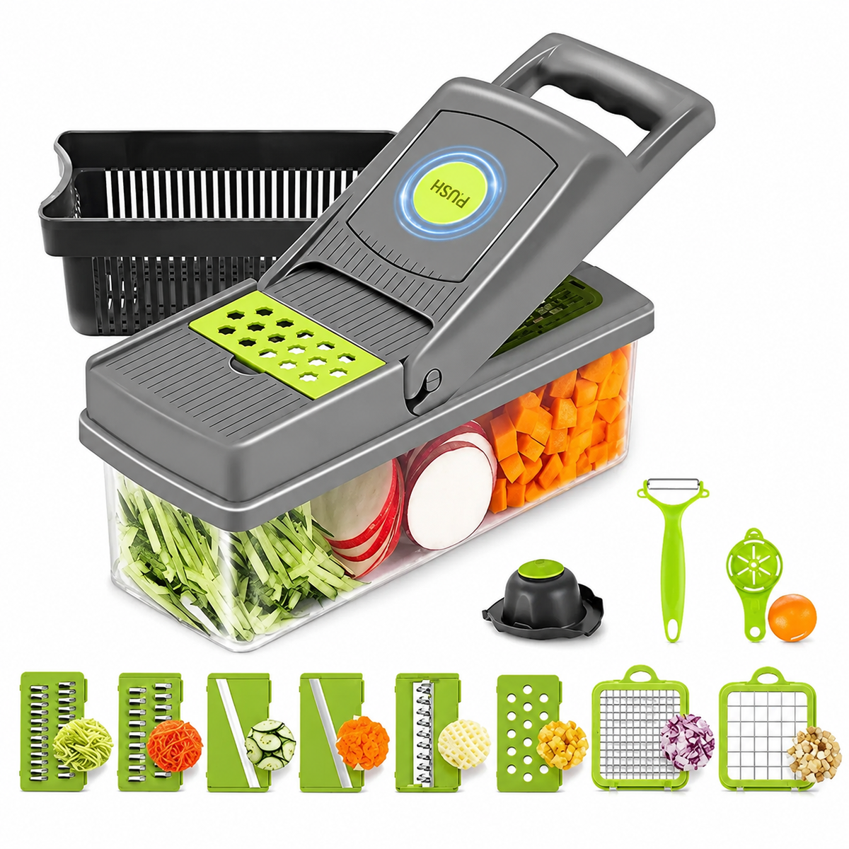 🥗 16-In-1 Multifunctional Vegetable Chopper & Slicer with Colander Basket & Storage Container