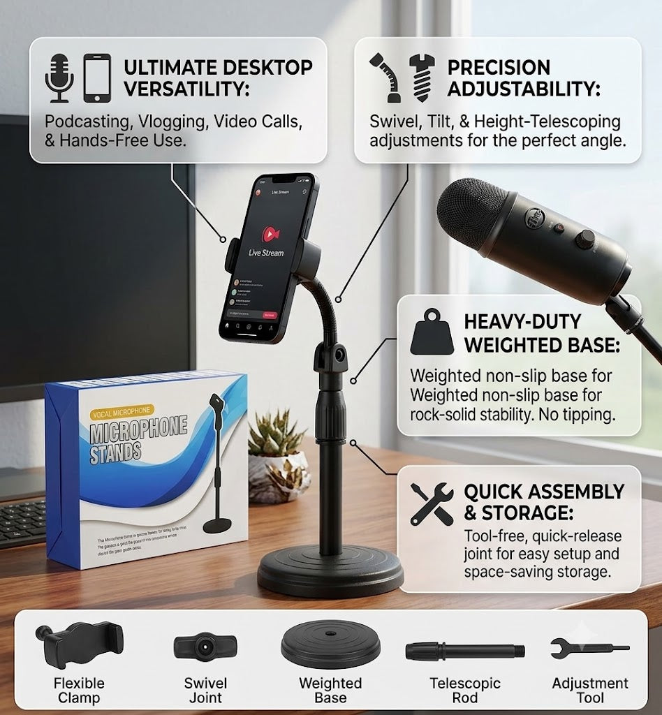 ποΈ Adjustable Desktop Microphone & Phone Stand
