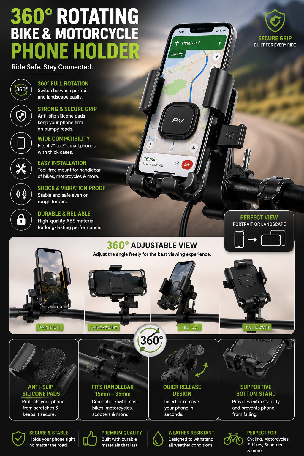 π 360Β° Rotating Bike & Motorcycle Phone Holder