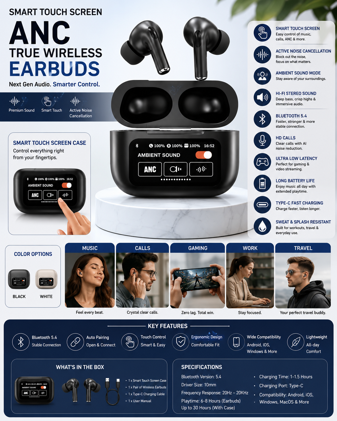 🎧 Smart Touch Screen ANC Wireless Earbuds