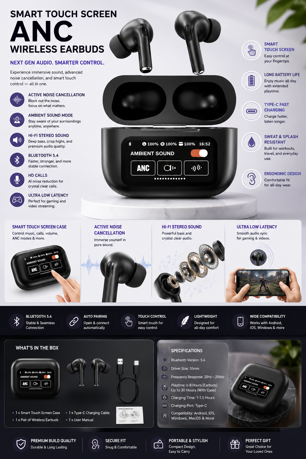 🎧 Smart Touch Screen ANC Wireless Earbuds