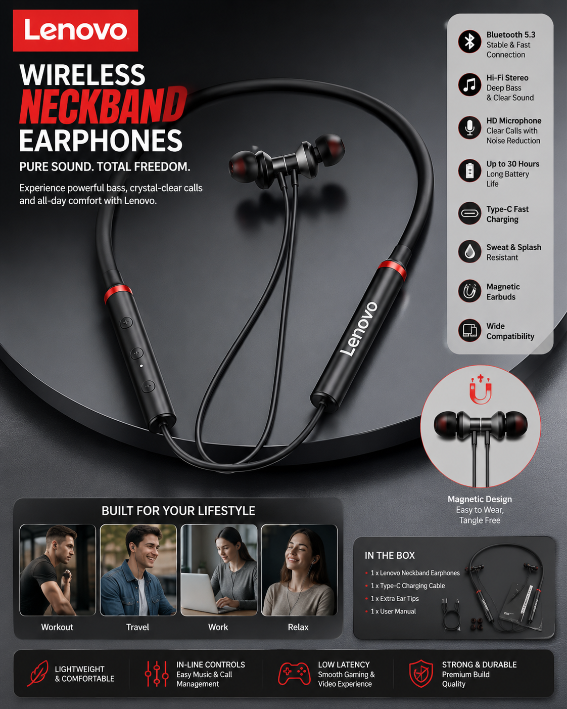 🎧 Lenovo Wireless Bluetooth Neckband Earphones