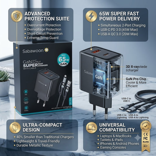 ⚡ Sabawoon 65W GaN Super Fast Charger Set (with Cable)