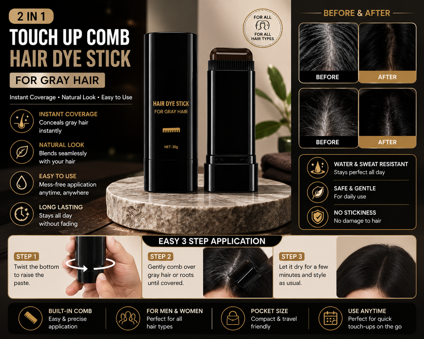 2-in-1 Touch Up Comb Hair Dye Stick for Gray Hair