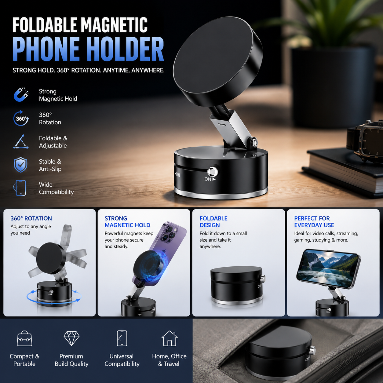 Foldable Magnetic Phone Holder – 360° Rotating Stand