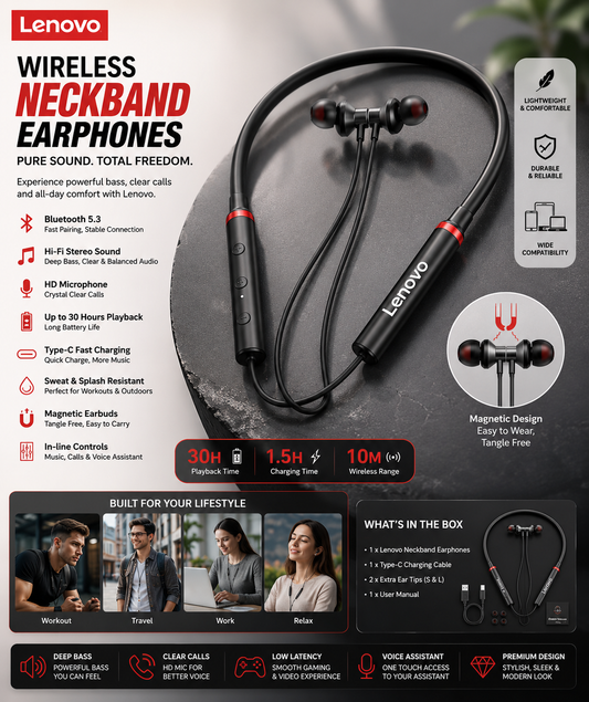 🎧 Lenovo Wireless Bluetooth Neckband Earphones
