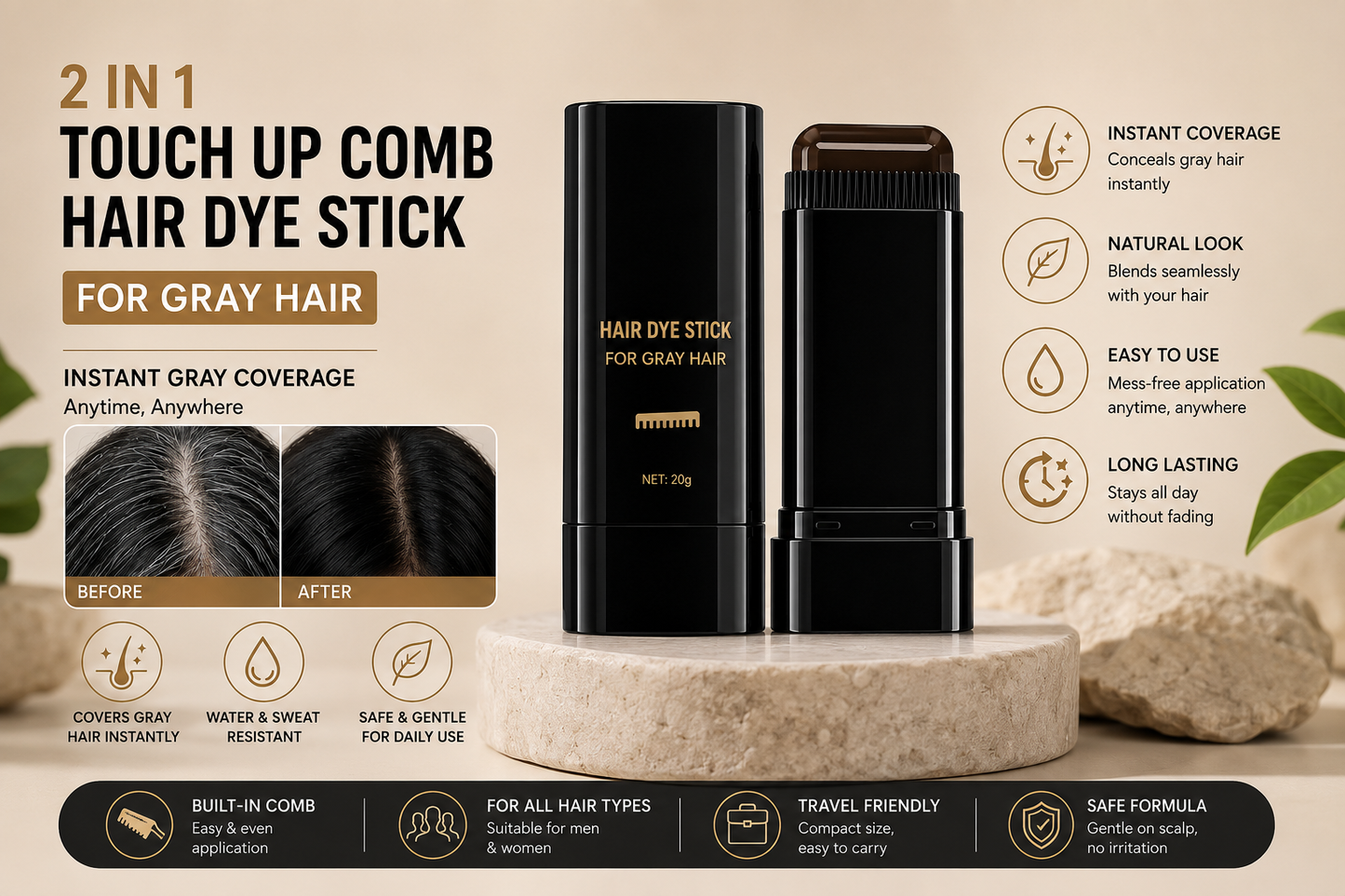 2-in-1 Touch Up Comb Hair Dye Stick for Gray Hair