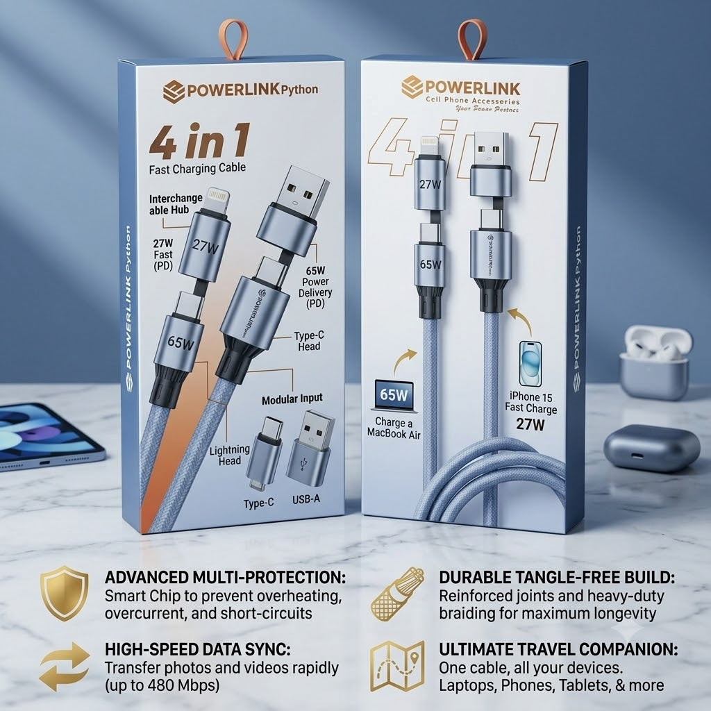 ⚡ Powerlink 4-in-1 Fast Charging Cable (65W Power Delivery)