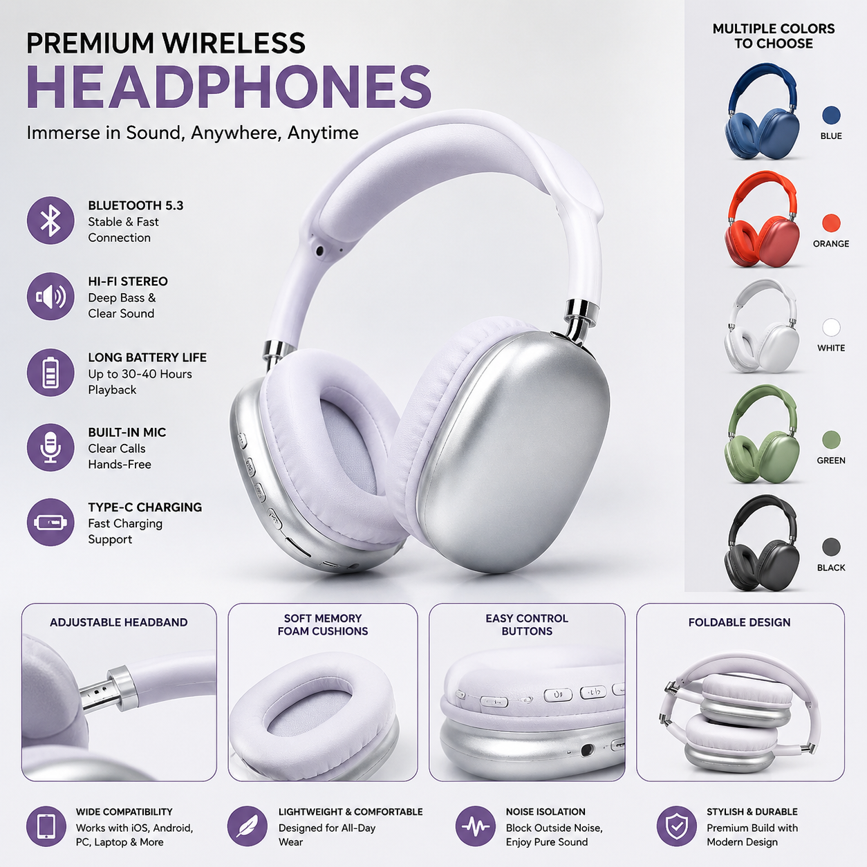 🎧 Premium Wireless Bluetooth Over-Ear Headphones