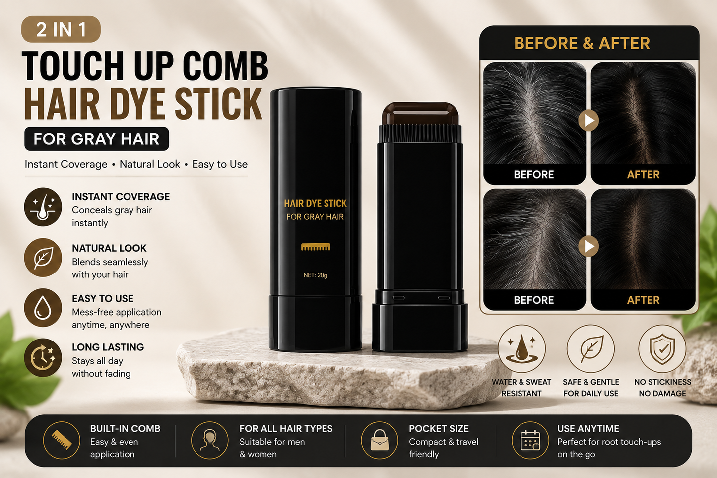 2-in-1 Touch Up Comb Hair Dye Stick for Gray Hair