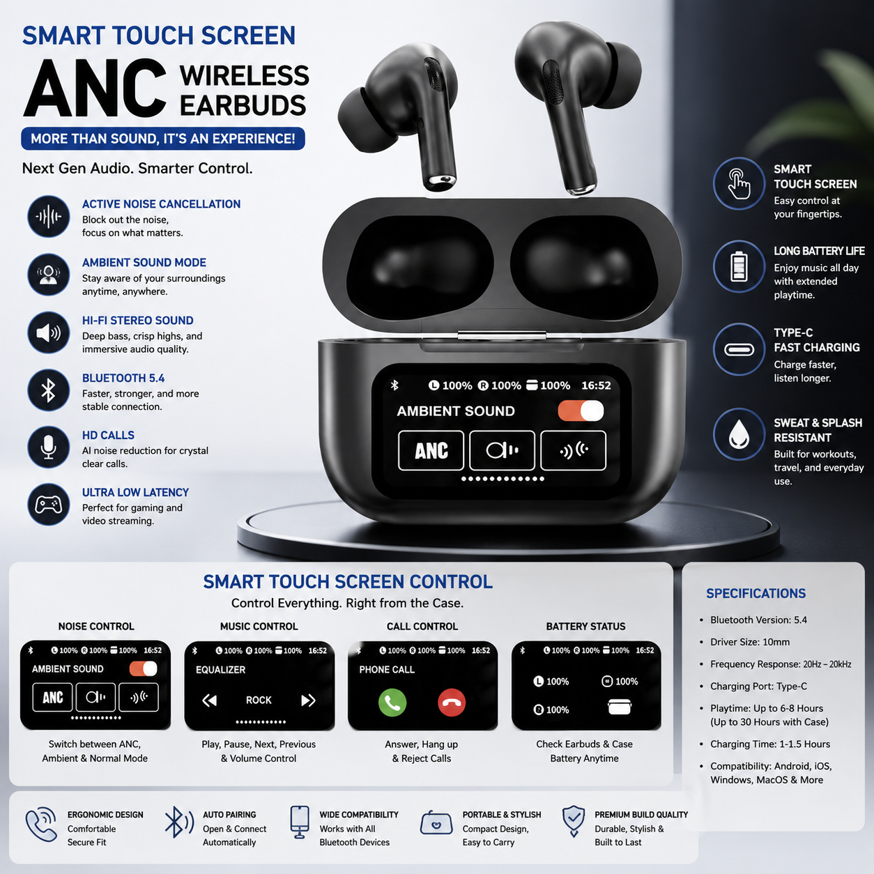 🎧 Smart Touch Screen ANC Wireless Earbuds