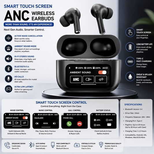 🎧 Smart Touch Screen ANC Wireless Earbuds