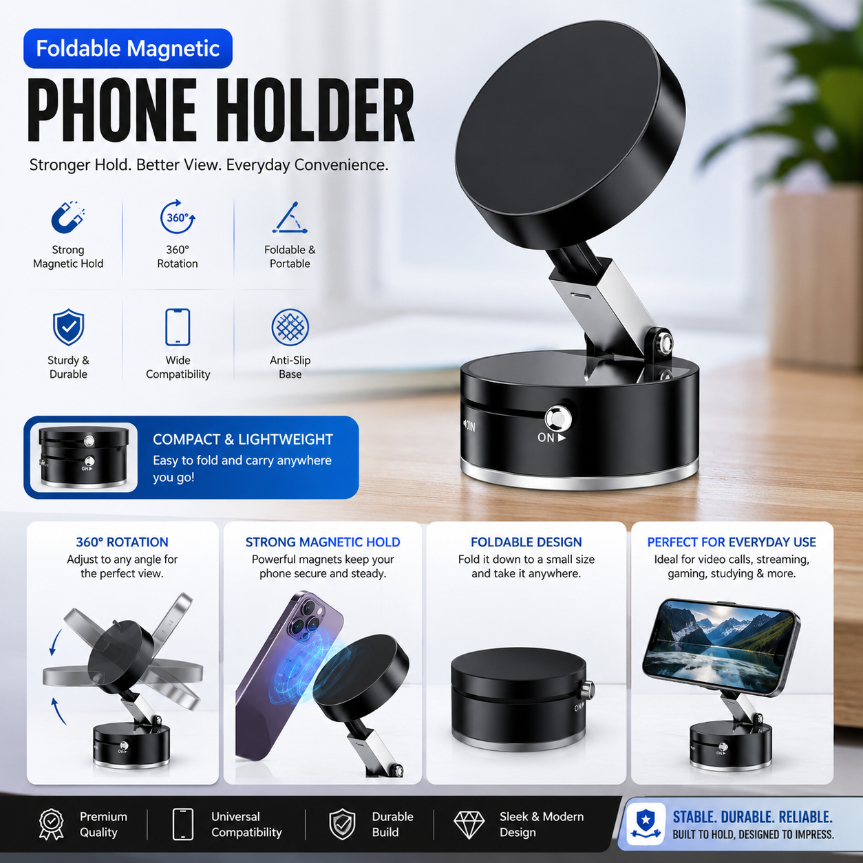 Foldable Magnetic Phone Holder – 360° Rotating Stand