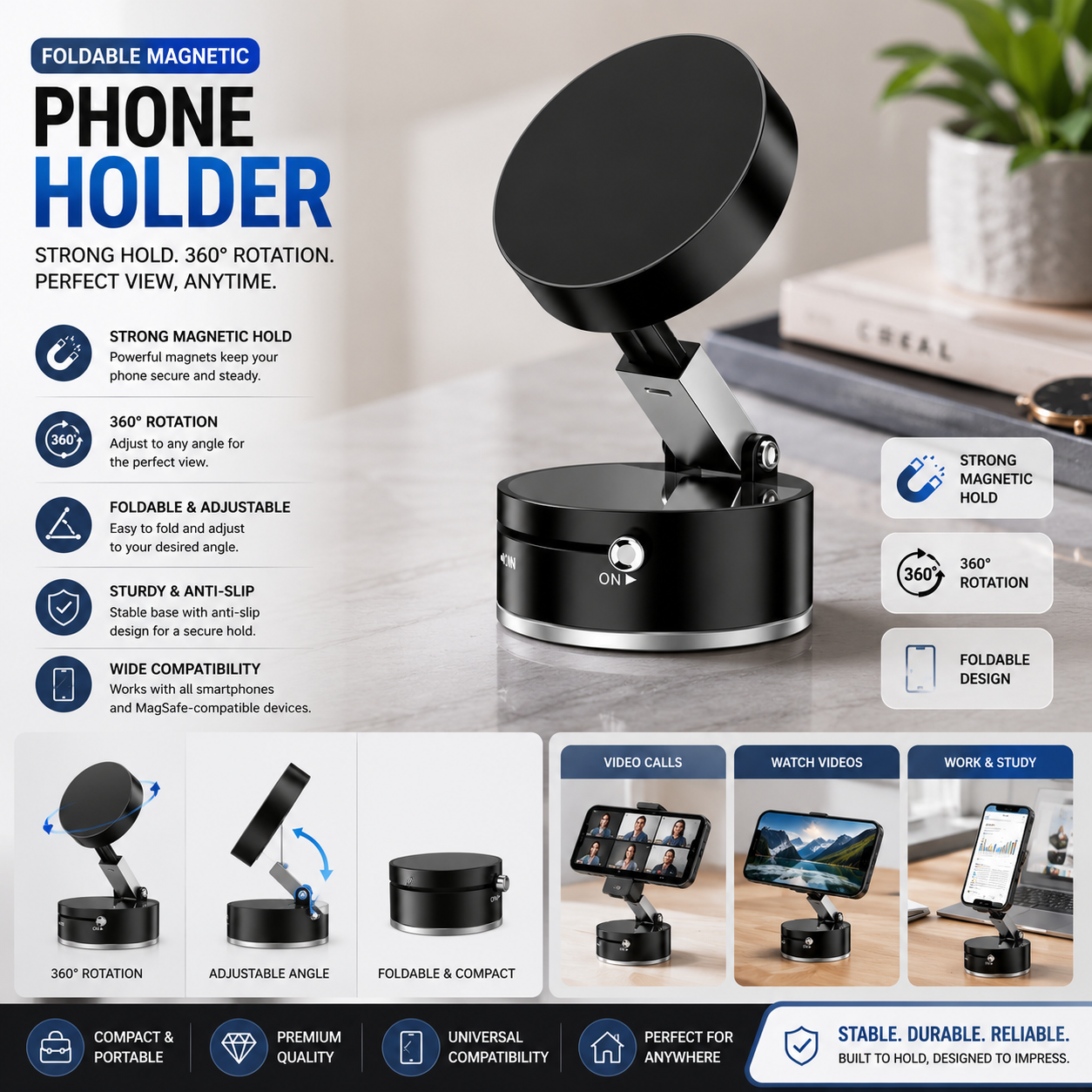 Foldable Magnetic Phone Holder – 360° Rotating Stand